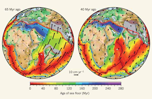 The Indian and African plates 65 and 40 million years ago.