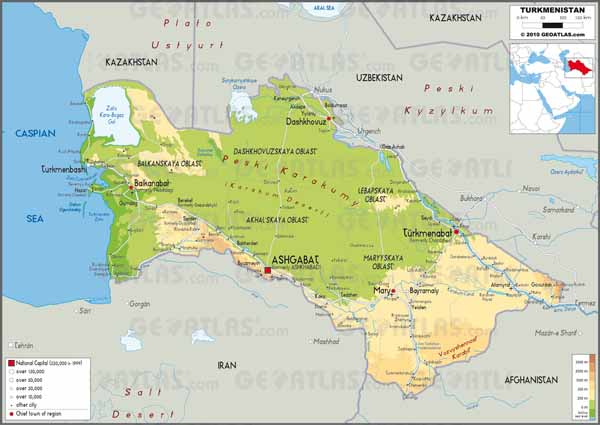 Turkmenistan physical map.